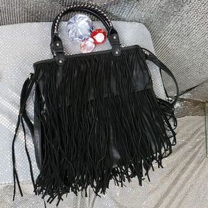 Black Faux Suede+Leather Fringe Hand/Shoulder Bag